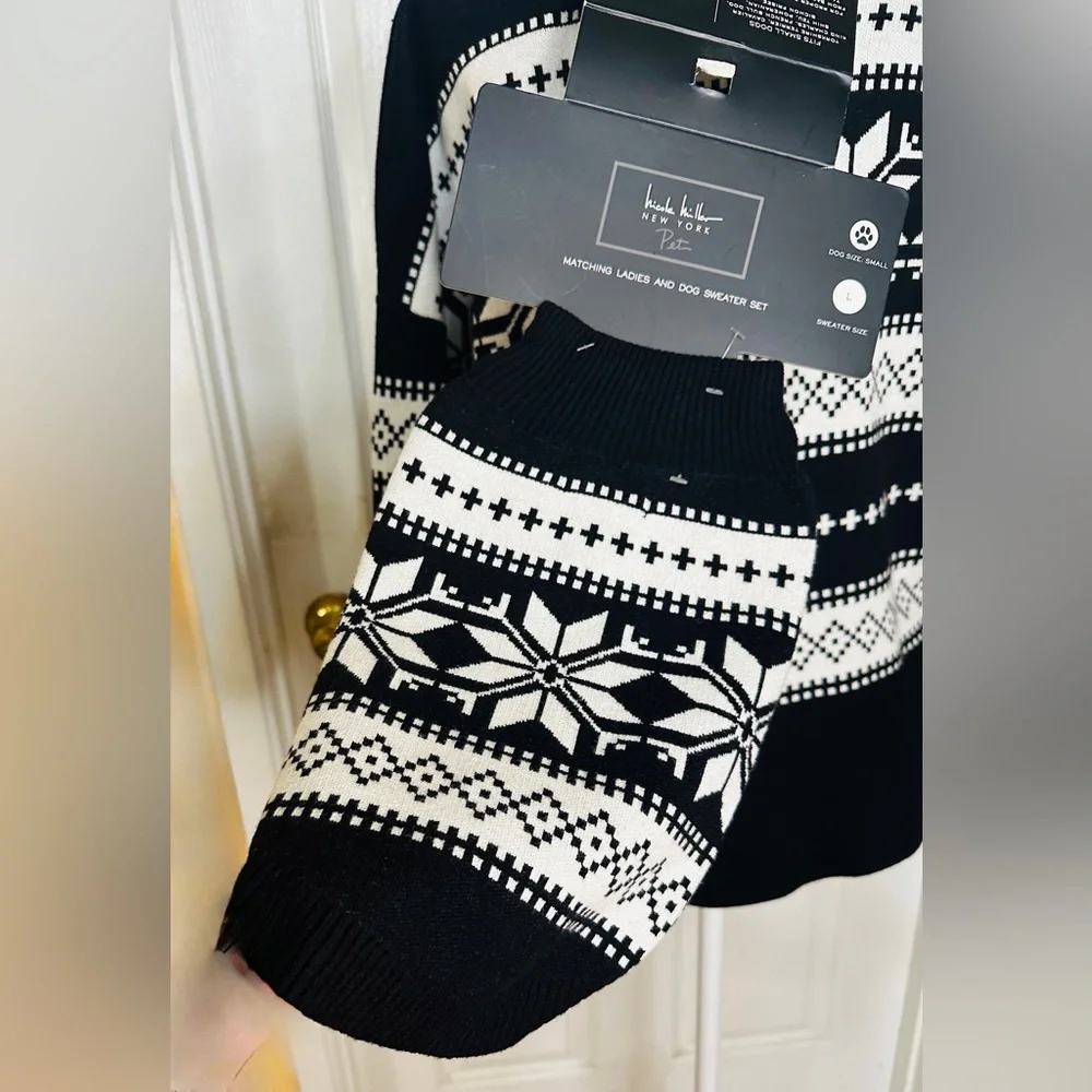 Nicole Miller Sweater Set Black Snowflake Matching Small Dog Sweater NEW large